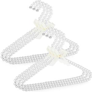 Threan Pearl Beaded Clothes Hanger Mini Pearl Beads Small Metal Clothes Hangers with Ribbon Standard for Kids Baby Children Pet Dog(White,6 Pcs)
