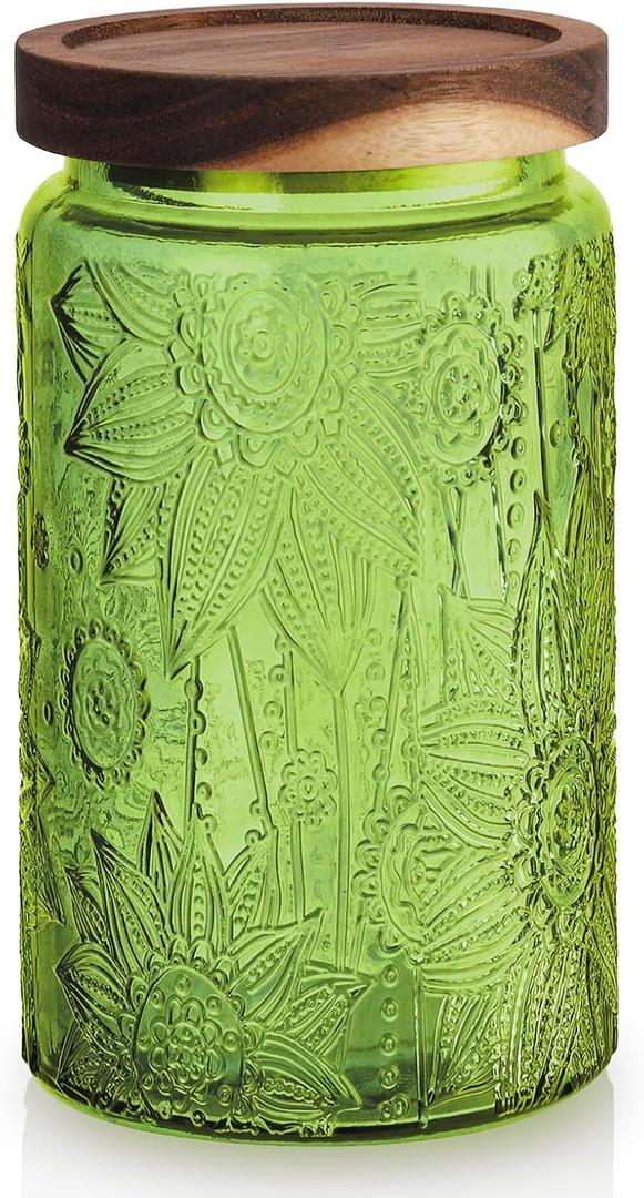 Glass Mason Jars with Airtight lids Decorative Vintage Food Storage Container with Embossed Crabapple Blossom Clear Green Kitchen Canister for Coffee Tea Cookie (Green Floral, Large)