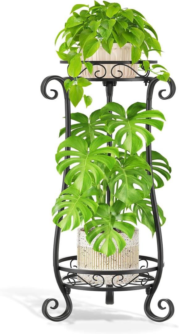 LASZOLA 2 Tier Black Metal Plant Stand for Multiple Large Planters Indoor Outdoor Organizer, Heavy Duty Tall Flower Stand for Corner Patio Bathroom Office, Modern Sturdy Vertical Iron Rack, Cat Proof