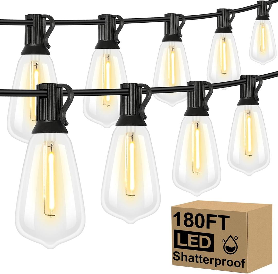 Brightever Outdoor String Lights 180FT, Patio Lights with 90+4 Dimmable ST38 Shatterproof LED Bulbs, Vintage Edison String Lights for Outside, Waterproof Bistro Lights for Halloween Backyard 2700K (180FT-Warm White, Black Wire)