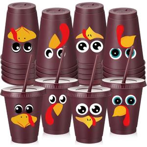 24 Pcs Thanksgiving Plastic Tumbler with Lids Straws 16 oz Thanksgiving Party Plastic Tumbler Reusable Fall Cups for Iced Coffee Tea Drinks Autumn Harvest Party Supplies (Funny Turkey)