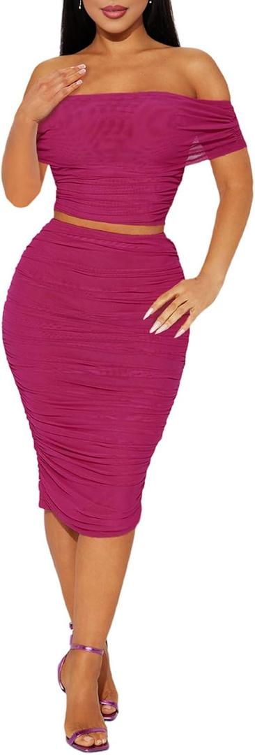 HESUUIO Women's Sexy Two Piece Skirt Set Mesh Off Shoulder Bodycon Ruched Midi Cocktail Party Dress Club Outfit (Medium)