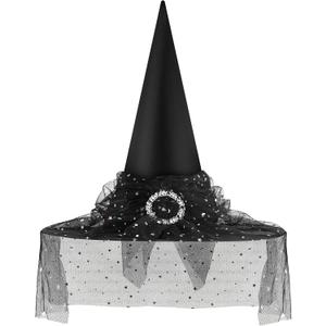 Halloween Witch Hat, Witch Hats for Women Costume Accessory, Halloween Party Adult Cosplay Veil Wizard Hat (Black)