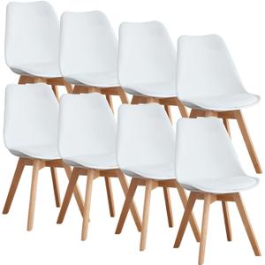 OLIXIS Dining Chairs Set of 8 Kitchen Mid Century Modern Chairs with Wood Legs and PU Leather Cushion for Living Room Bedroom Outdoor Lounge, White