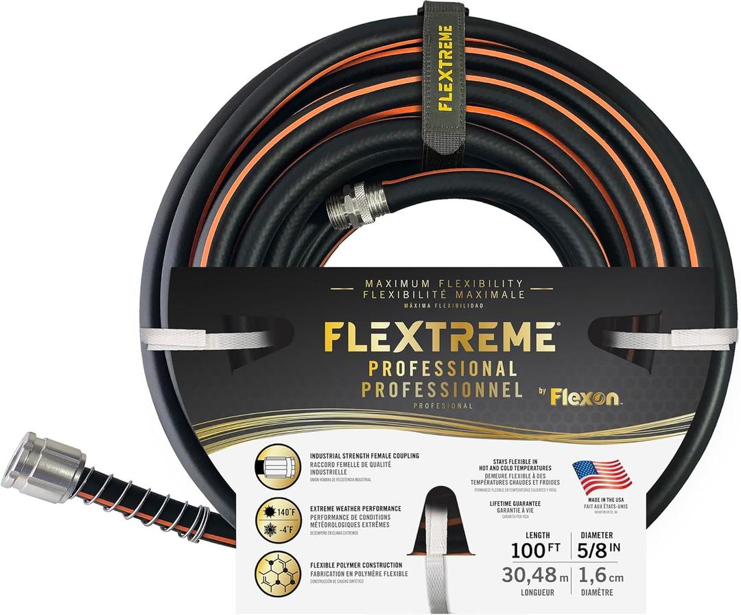 Flexon Flextreme Pro 5/8" x 100ft Performance Rubber Garden Hose  Heavy-Duty, Kink-Resistant, All-Weather Flexibility, Industrial-Grade Couplings, Durable Outdoor Watering Hose for Lawn & Garden (100 Feet)