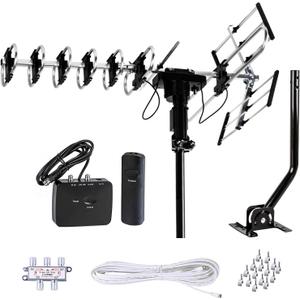 Five Star Outdoor Antenna HD TV 200 Miles Range with Motorized 360° Rotation, UHF/VHF/FM Radio with Infrared Remote Control Plus Installation Kit & Mounting Pole