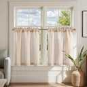 jinchan Striped Linen Kitchen Curtains Ticking Stripe Cafe Curtains for Living Room Bathroom Farmhouse Small Windows Rustic Rod Pocket Tiers 2 Panels 26" Wide x 24" Long, Beige