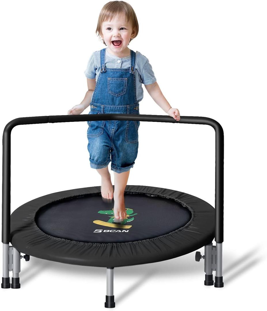 BCAN 36'' Mini Folding Ages 2 to 5 Toddler Trampoline with Handle for Kids, Two Ways to Assemble The Handle, Indoor/Garden Toddlers Trampoline with Super Safe Cover for Toddlers (Black)