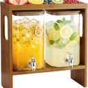 2 PCS 1.2 Gallon Drink Dispenser, Glass Beverage Dispenser with Wood Stand and Detachable Food Platter, Party Drink Dispensers for Lemonade, Juice, Tea, Ice Coffee