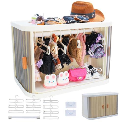 Foldable Doll Wardrobe Storage Box Compatible with Labubu Clothes with 10 Hangers & Rod - Stackable Organizer Cabinet for 15/17cm Doll Clothes with Dust-Resistant Cover and Display Shelf