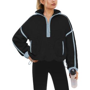 Yanekop Womens Quarter Zip Pullover Sherpa Fleece Jacket Oversized Zip Up Sweatshirt Half Zip Pullover Fuzzy Outerwear (Medium, Black Blue)