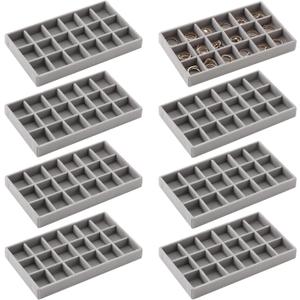 Highergo 8 Pcs Small Velvet Jewelry Trays Stackable Drawers Organizer Ring Earring Storage Trays, 8.3x4.7x1''(Gray,18 Grids)