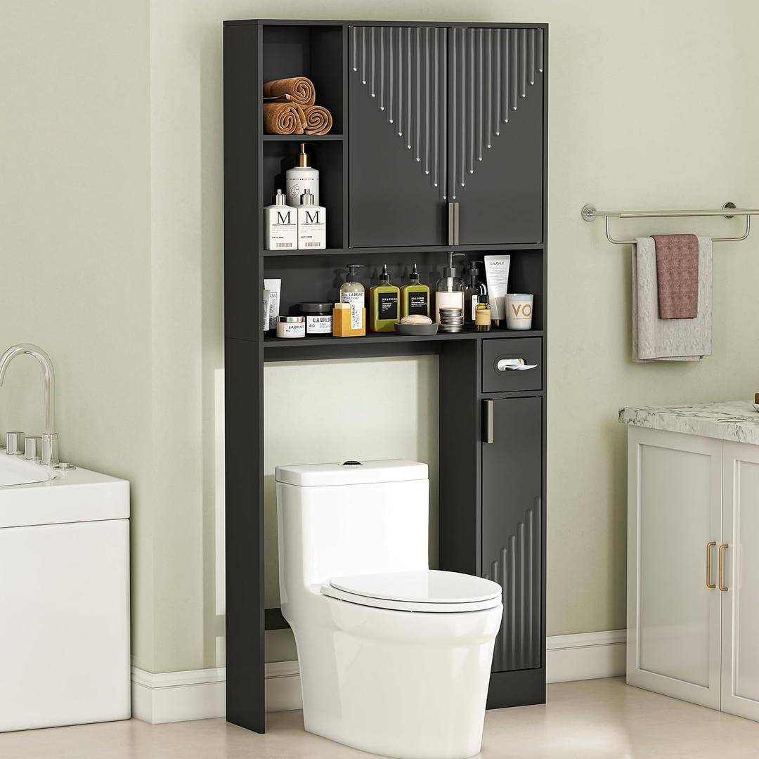 GOODONE Black Over The Toilet Storage Cabinet - with 3 Doors and Toilet Paper Holder Stand, Free Standing, for Bathroom, Restroom, Laundry