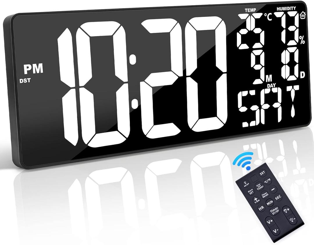 18 Inch Oversized Digital Wall Clock with Remote Control, Auto-Dimming, Temperature, Date/Day of Week, Large Display, Multi-Functional, White