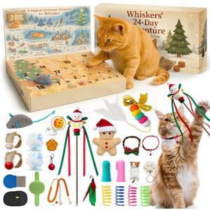 Cat Advent Calendar 2025, 24 Days Christmas Countdown Box for Cats with Interactive Toys, Catnip Balls & Feather Wand, Xmas Holiday Gift for Kittens & Cats Lover