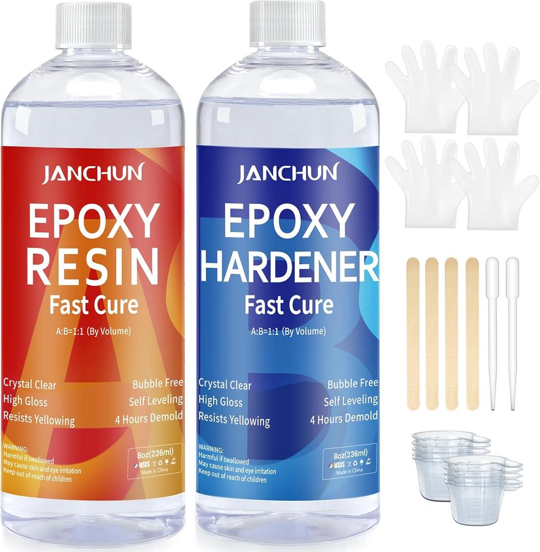 JANCHUN Crystal Clear Epoxy Resin Kit 16oz, Bubble-Free, Anti-Yellowing, Self Leveling Easy Mix 1:1 Coating and Casting Resin for Table Top, Molds, Tumbler Crafts, Painting, Jewelry, DIY Gifts (8 Fl Oz (Pack of 2))
