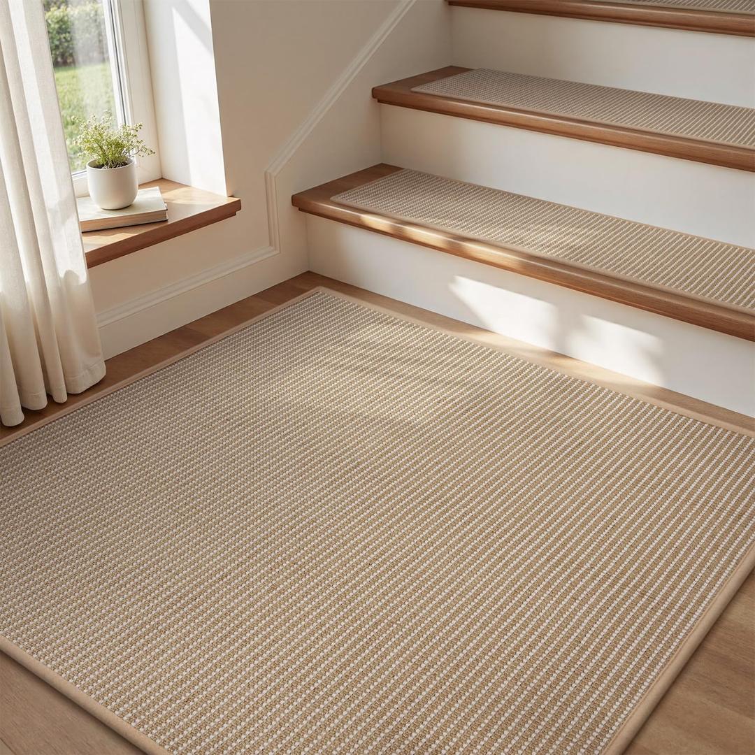 Jute Stair Landing Mat-Square Non Slip Stair Treads for Wooden Steps-Peel and Stick Stair Carpet Indoor, Adhesive Staircase Step Treads Residue Free, Natural Landing Mat for Stairs,31"x31" Beige