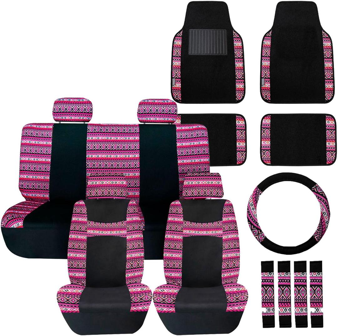 FH Group Full Set Southwestern Print Cloth Car Seat Covers Combo Set with Carpet Floor Mats, Universal Fit, Washable Seat Cover for SUV, Sedan, Pink