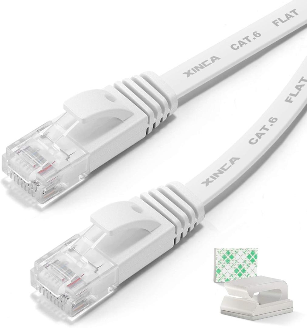 Cat6 Ethernet Cable 75 ft White Gigabit Flat Network LAN Cable with 40 pcs Cable Clips Snagless Rj45 Connectors for Computer/Modem/Router/X-Box Faster Than Cat5e/Cat5