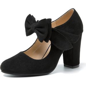 MAIERNISI JESSI Women's Bowknot Mary Jane Block Heel Round Pumps Closed Toe Dress Shoes Black US 12