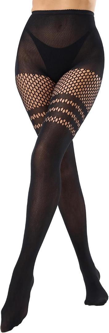 Faux Thigh High Tights for Women - Fishnet Gothic Pantyhose, High Waist Over-The-Knee Goth Leggings (Black)