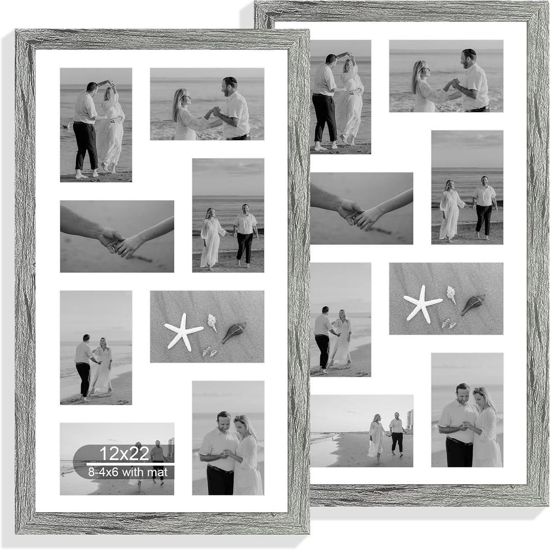 Hongkee 12x22 Picture Frame Set of 2, Grey with Glass Collage Frame, Display Eight Opening 4x6 Photos With Mat or 12 x 22 Newspaper Without Mat - Horizontal or Vertical Wall Mounting