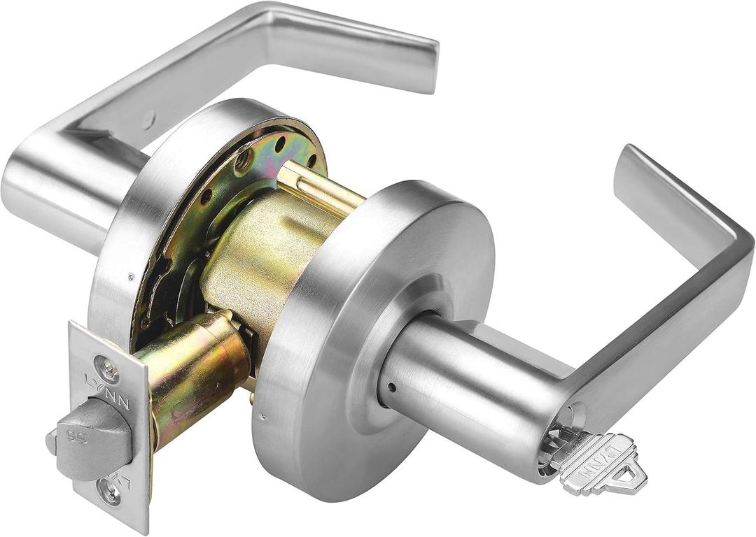 LYNN HARDWARE Commercial Door Lever Lock - Heavy-Duty Locking Door Handle, Designer Door Handles, Cylindrical Lever Lock, Non-Handed Grade 2 Door Handle, Satin Chrome, Classroom Function