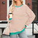 AlvaQ Womens Oversized Sweatshirt 2024 Casual Crewneck Long Sleeve Colorblock Striped Pullover Tunic Tops Outfits (Blue, L)