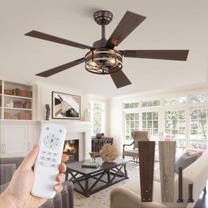 Farmhouse Ceiling Fans with Light, 48 Inch Bedroom Ceiling Fan with Lights, 6-Speed Adjustable, Quiet and Reversible DC Motor, 5 Dual Finish Blades, Rustic Caged Ceiling FanOil Bronze
