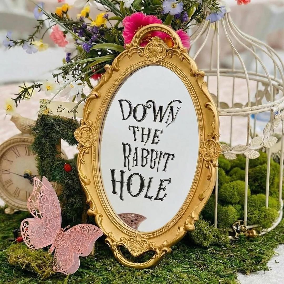 Threehoney Wonderland Tea Party Decoration Vintage Oval Mirror 15.4 x 9.4 Inch Golden Mirror for Tea Party Decoration Birthday Baby Shower Women Wedding Dinner Supplies(Down the Rabbit Hole)