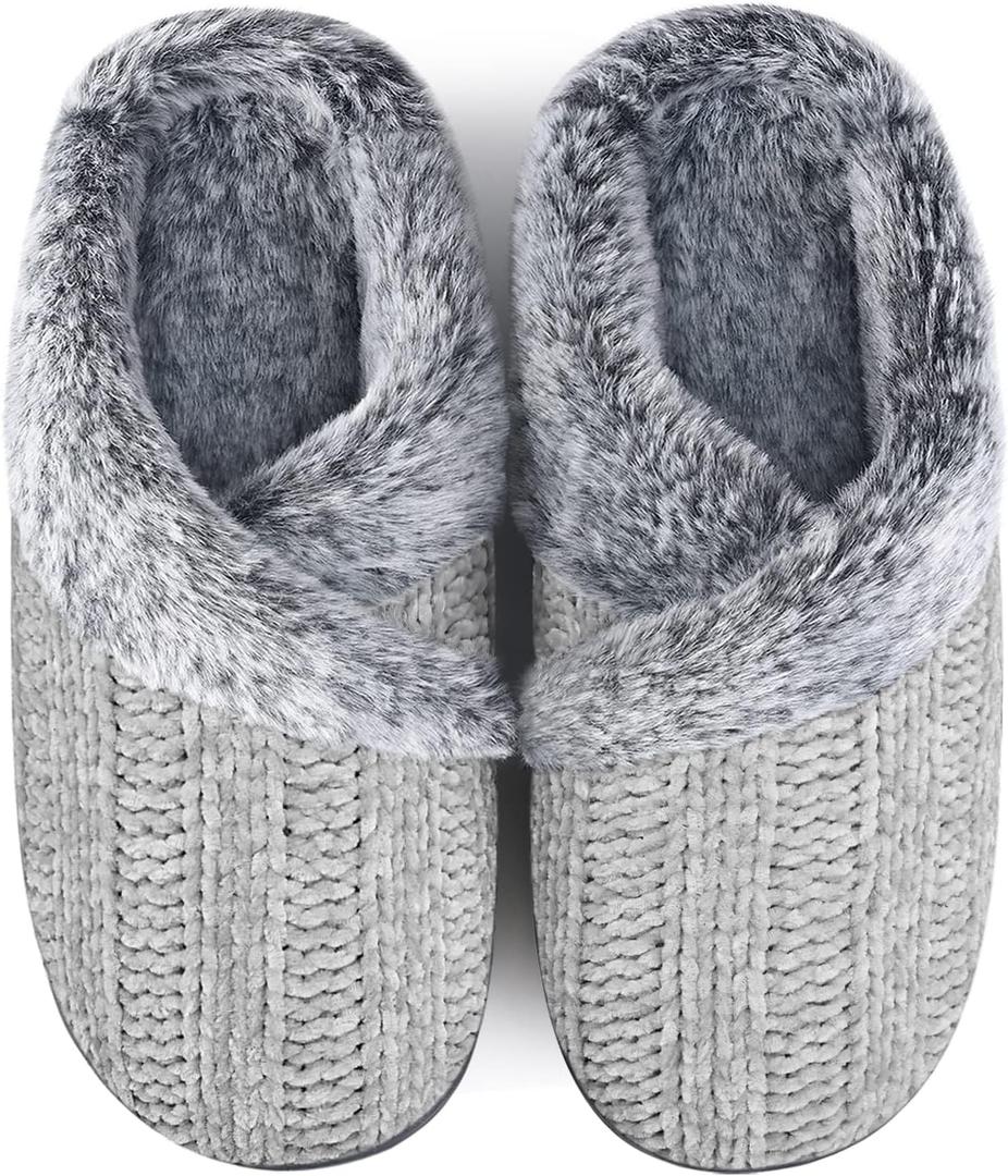 Slippers for Women Fuzzy House Slip on Indoor Outdoor Bedroom Furry Fleece Lined Ladies Comfy Memory Foam Female Home Shoes Anti-Skid Rubber Hard Sole (7-8, 02-grey)