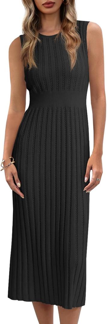 Danedvi Women's Knit Midi Tank Dress 2025 Fall Sleeveless Ribbed Crew Neck Bodycon Casual Basic Going Out Dresses (Black, XS)