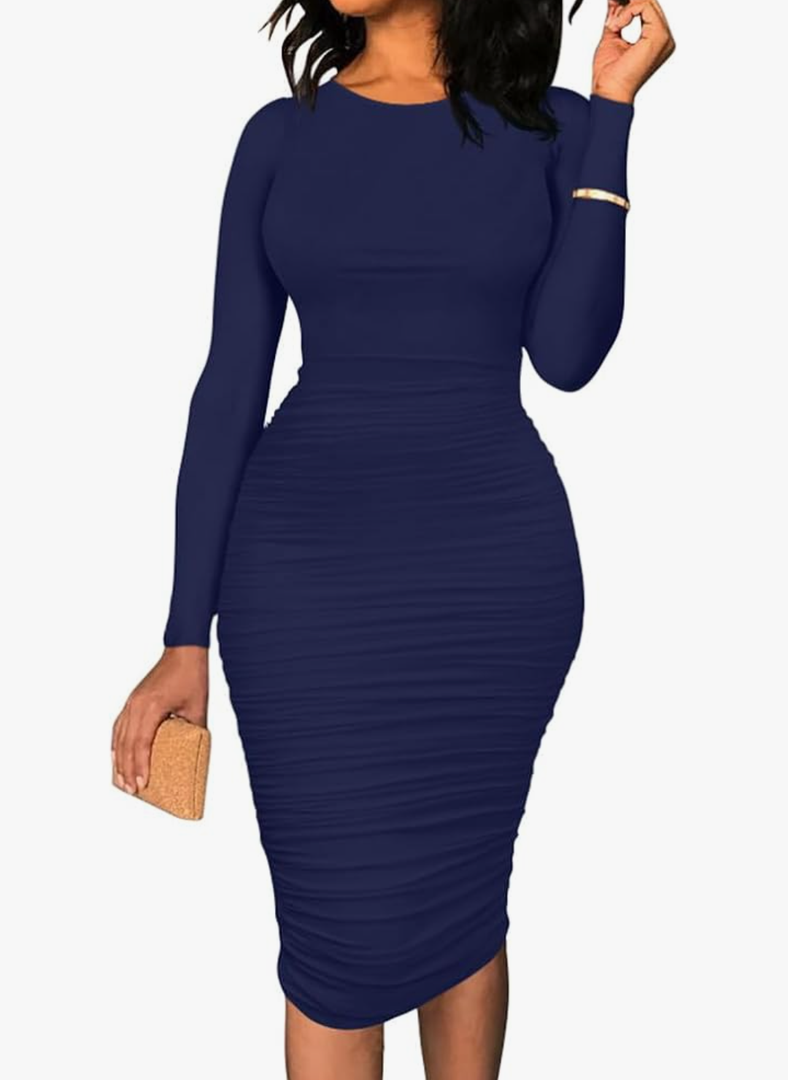 Women's Ruched Long Sleeve Elegant Bodycon Basic Casual Midi Dress Size M, Navy