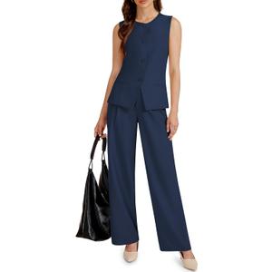 Women's 2 Piece Blazer Outfits Sleeveless Crewneck Vest Wide Leg Pantsuit 2025 Dressy Casual Work Sets M