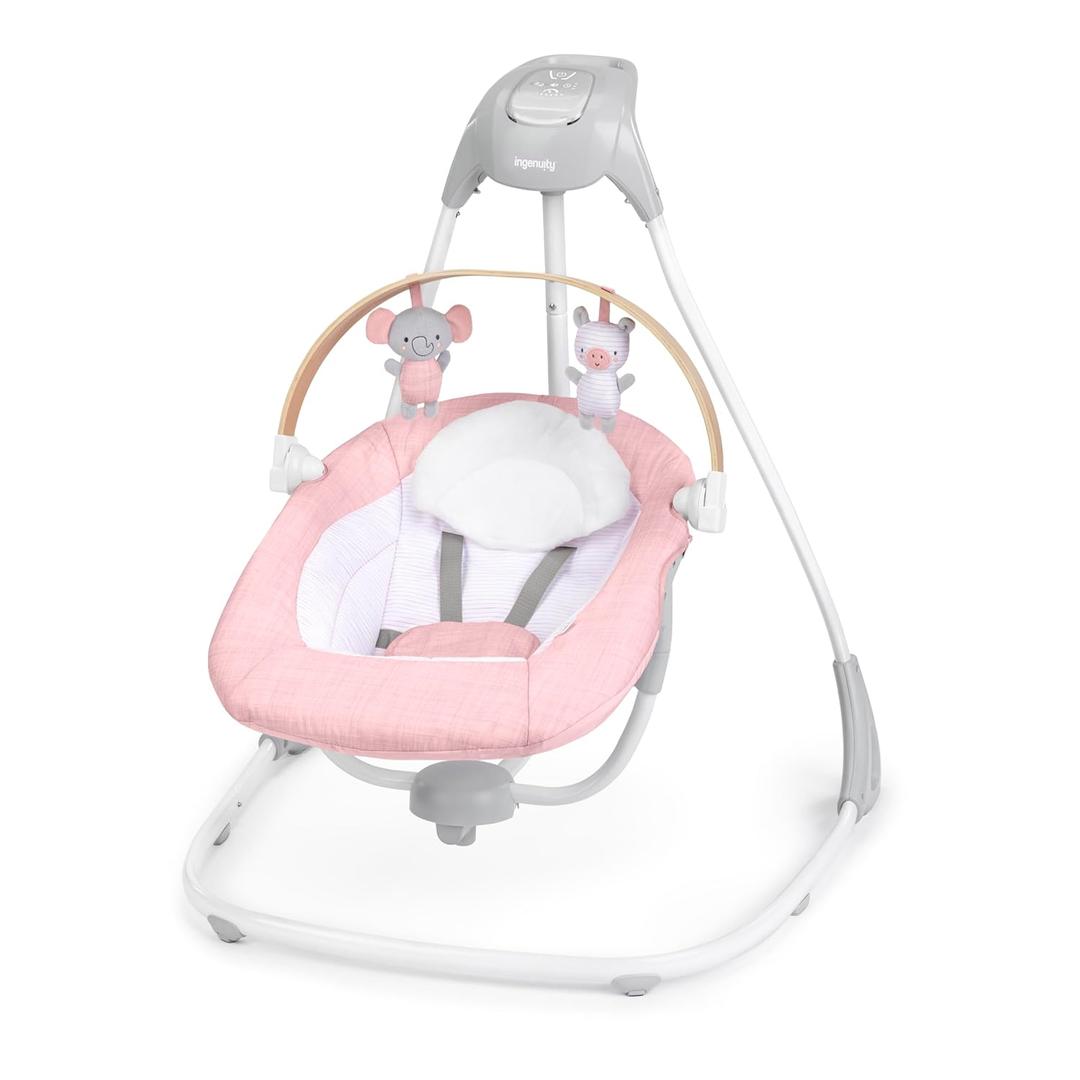 Ingenuity Simple Comfort Compact Baby Swing, Rotating Seat Swings in 3 Directions, 6 Speeds, 8 Melodies & 3 Nature Sounds, Ages 0-9 Months, Up to 20 Pounds - Pink