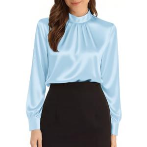 Neweek Womens Satin Blouses Long Sleeve Mock Neck Elegant Pleated Silk Shirts Tops for Business Casual Work (M)