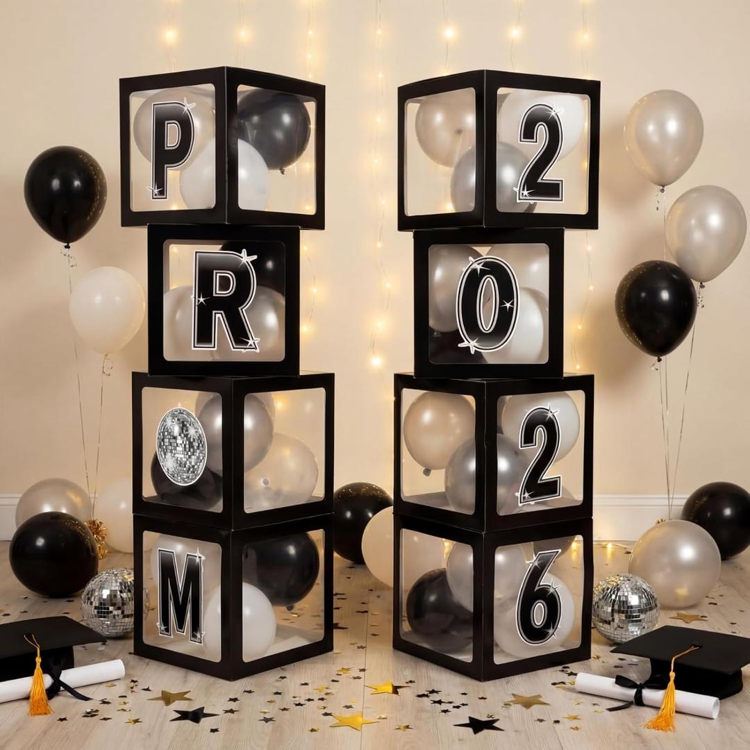 Foilswirl Class of 2026 Prom Graduation Decorations Set of 8 Black Clear Boxes with 35 Balloons and 8 Letters 2026 Prom Black and Silver Congrats Grad Party Supplies for Senior Night Any Grades
