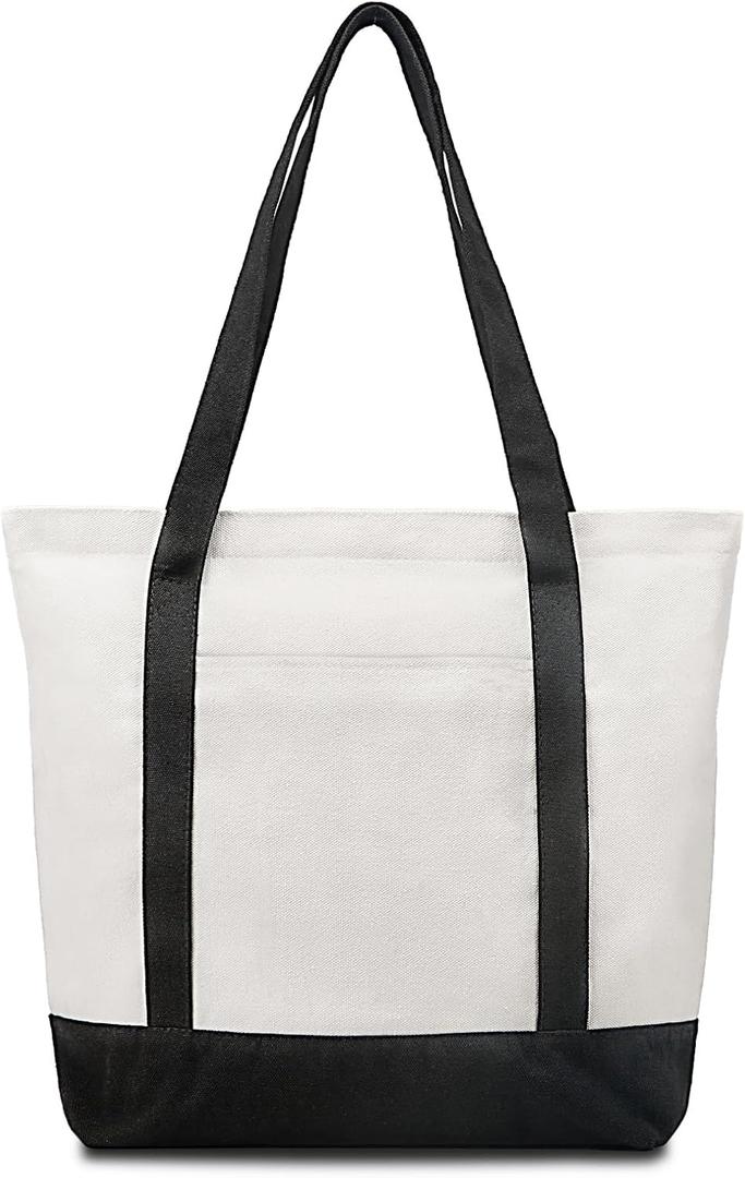 Canvas Tote Bag with Zipper and Zip Pockets Thick Canvas Durable Reusable Grocery Shopping Beach Bag Large Capacity Washable Shoulder Bag for Women Black White (Black/Natural (Large, 17.7 Inches))