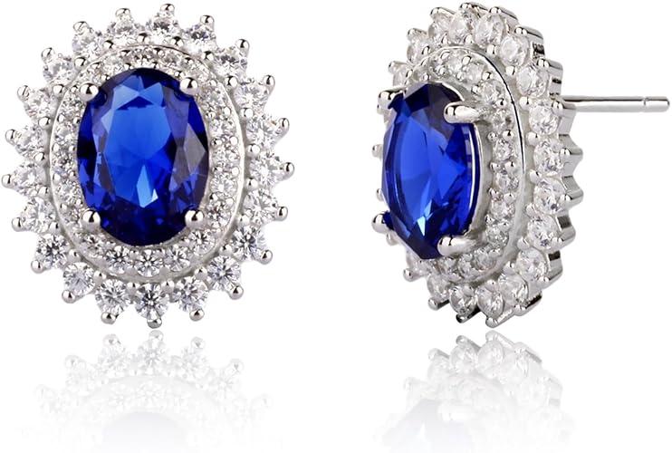 925 Sterling Silver Birthstone Stud Earrings for Women, Hypoallergenic Large Statement 12x15mm Oval CZ Halo Earrings, Princess Diana Inspired, with Gift Box for Mother’s Day Birthday Anniversary