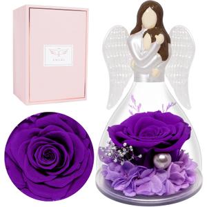 Miofula Christmas Roses Gifts for Mom Daughter,Preserved Flowers Rose Glass Angel Figurines Birthday Gifts for Mom, for Mom Grandma,Forever Rose Mom Gifts,Mother Daughter Statue Gifts (2-purple)