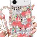 Changjia for iPhone Air Glitter Bling Case,Cute Girly Luxury 3D Sparkle Crystal Rhinestone Flowers Floral Diamond Gems Pearl with Lanyard Wrist Strap Women Girls Phone Case for iPhone 17 Air 6.5",Pink