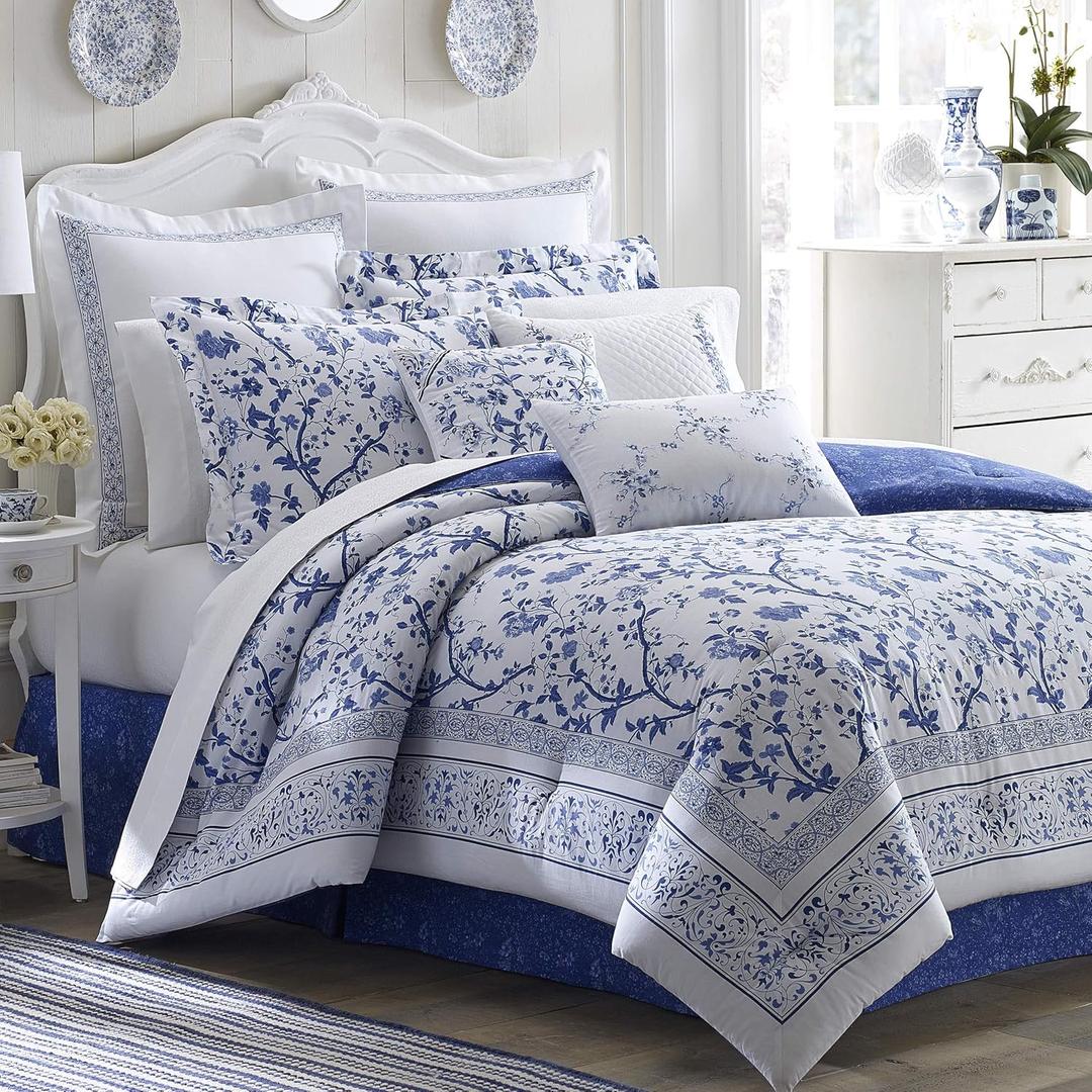 Laura Ashley - Queen Duvet Cover Set, Reversible Cotton Bedding with Matching Shams, Home Decor for All Seasons (Charlotte Blue, Queen)