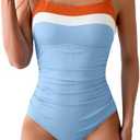 Aidonger Women's Ribbed One Piece Swimsuits Color Block Tummy Control Bathing Suit Slimming 1 Piece Swimwear, M