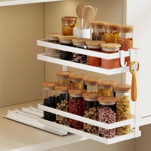 Magheo Pull Out Spice Rack Organizer for Cabinet, 1 Pack Metal Seasoning Organizer Slide Out Spice Storage Shelf No Assembly Vertical Spice Rack Pullout for Kitchen & Bathroom No Drill (2 Tier, White)