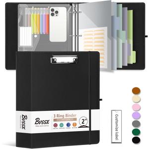 Leather 3 Ring Binder, 2 Inch Binders with Clipboards, 5-Tabs Pockets Dividers, 18 Divider Stickers, Plastic Folder, Pen Holder, Three Ring Binder with Pen Holder (Black, Letter Size)