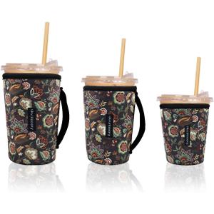 Thermal Foil Insulated Iced Coffee Cup Sleeves, 16-32oz Reusable Neoprene Coffee Sleeve with Handle, Gifts for Coffee Lovers Women (Green Flowers)