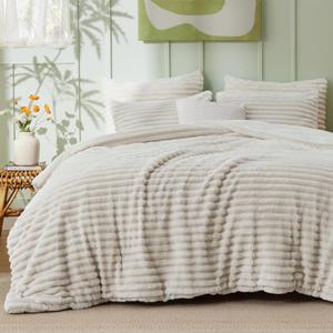 Bedsure Fluffy Comforter Set Queen - Super Soft Faux Fur Bed Set Linen, All Seasons Warm Plush Fleece Bedding, 3 Pieces, 1 Shaggy Fuzzy Queen Size Comforter with 2 Pillowcases