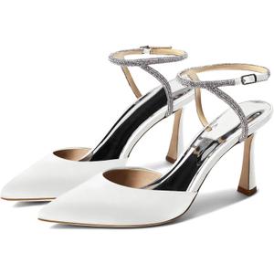 Coutgo Women Rhinestone Heels Kitten High Satin Pumps Pointed Toe Sparkly Sexy Wedding Dress Shoes (7.5, White)