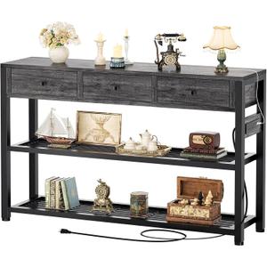 Ecoprsio 47'' Entryway Table with Outlets and USB Ports, Console Table with 3 Drawers, Sofa Table Narrow Long with Storage Shelves for Living Room, Couch, Hallway, Foyer, Kitchen Counter, Grey