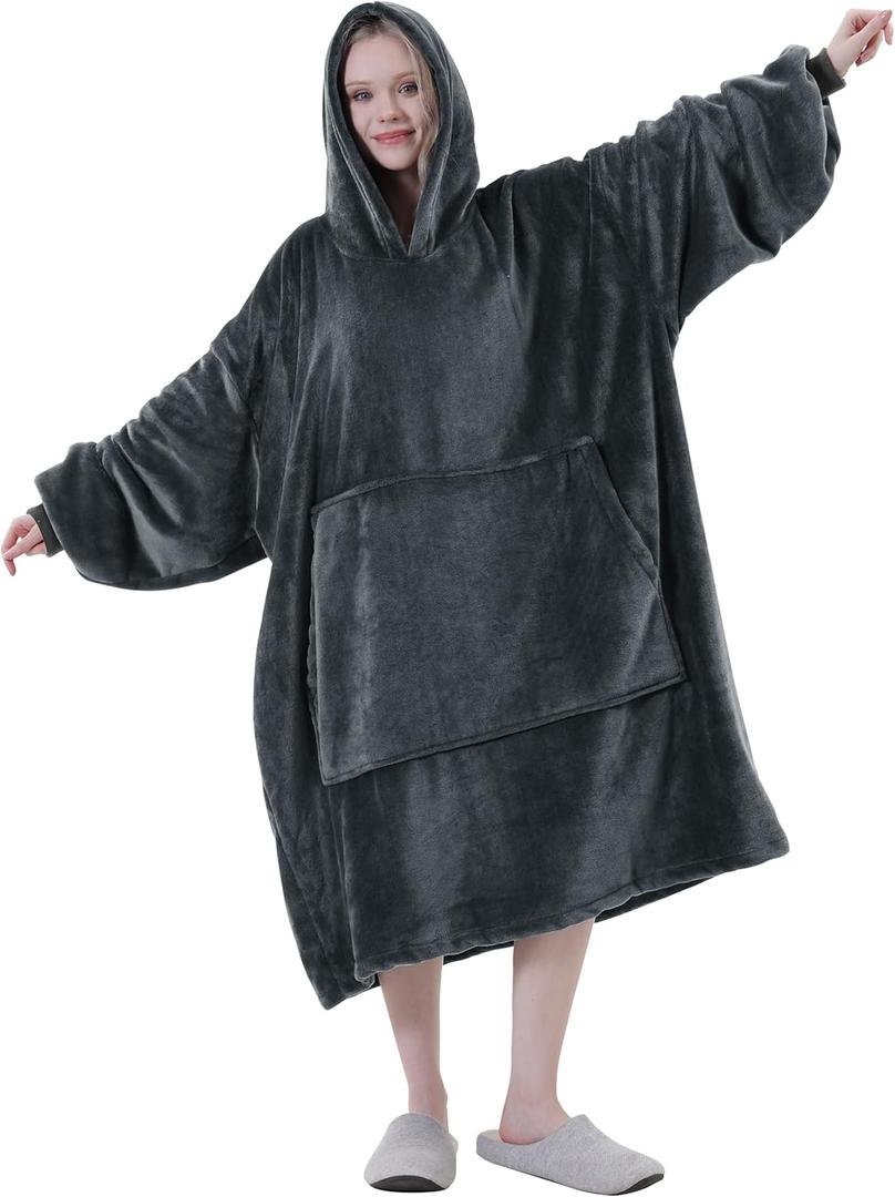 Easy-Going Oversized Flannel Wearable Blanket Hoodie for Adults, One Size Fits All (Lao_dark Gray)
